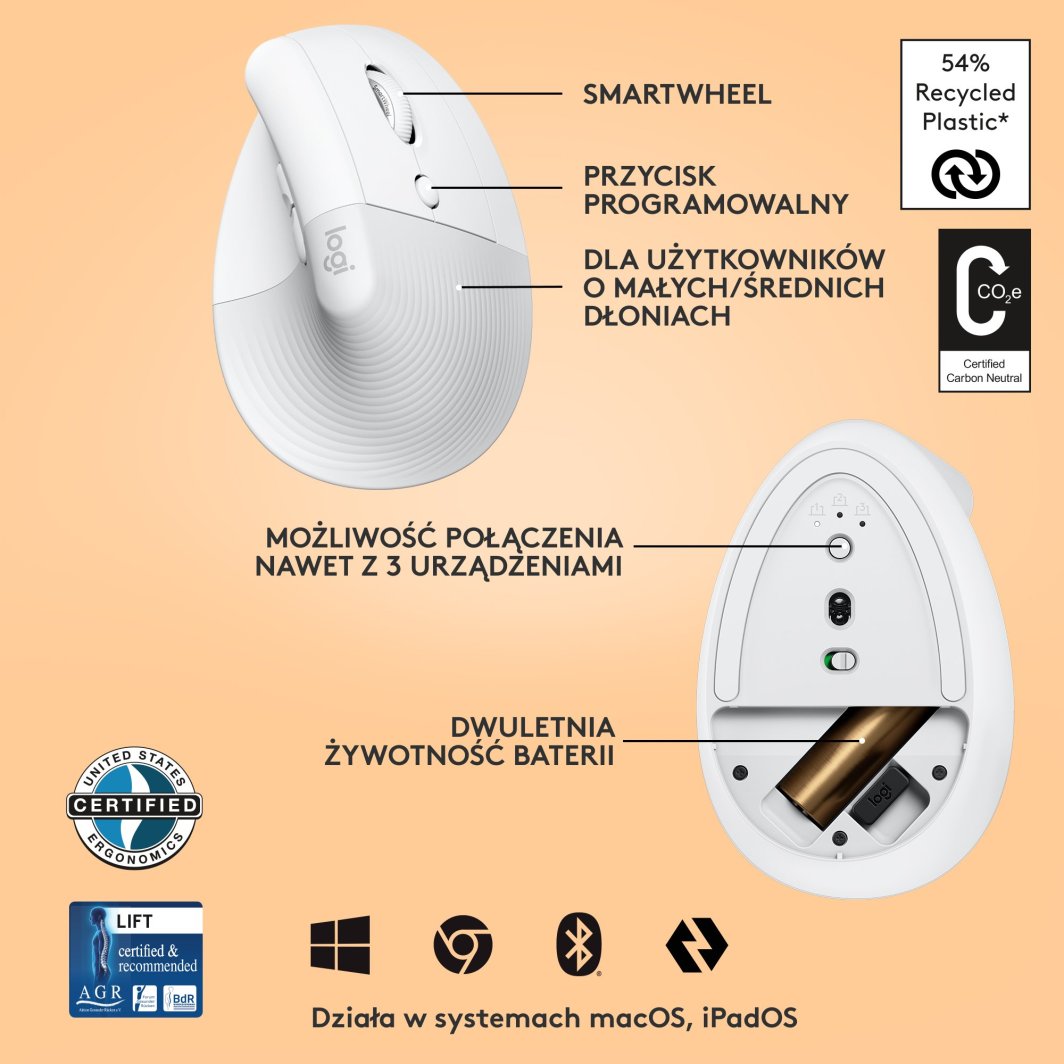 Maus wireless Logitech Lift Off-White, i bardhë