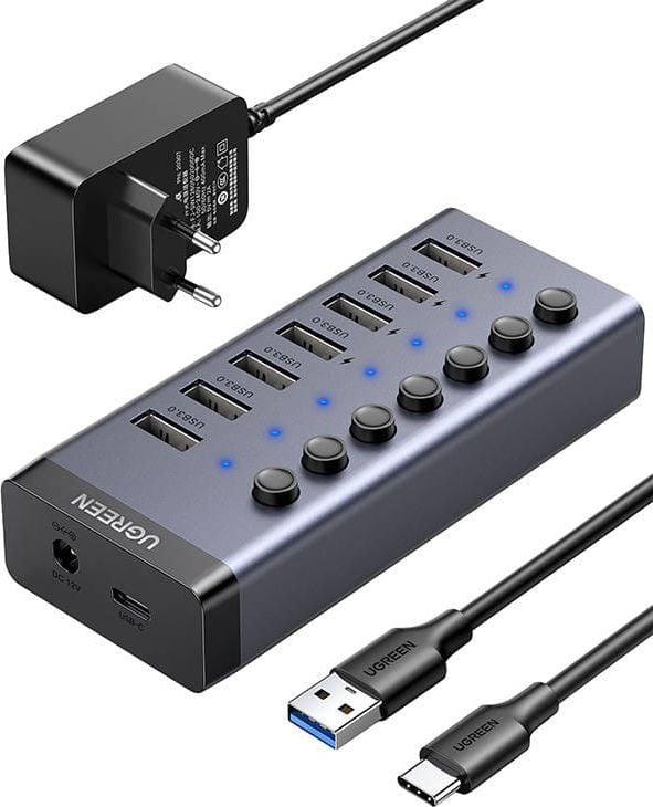 USB хаб Ugreen 7 порти USB A 3.0, со напојување, црн