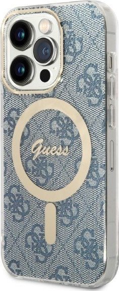 Set aksesorësh Guess GUBPP14LH4EACSB për iPhone 14 Pro, mbrojtëse e fortë MagSafe, karikues wireless, blu
