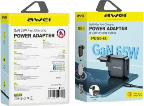 Karikues muri Awei PD55-EU, 65W, USB dhe USB-C GaN, i zi
