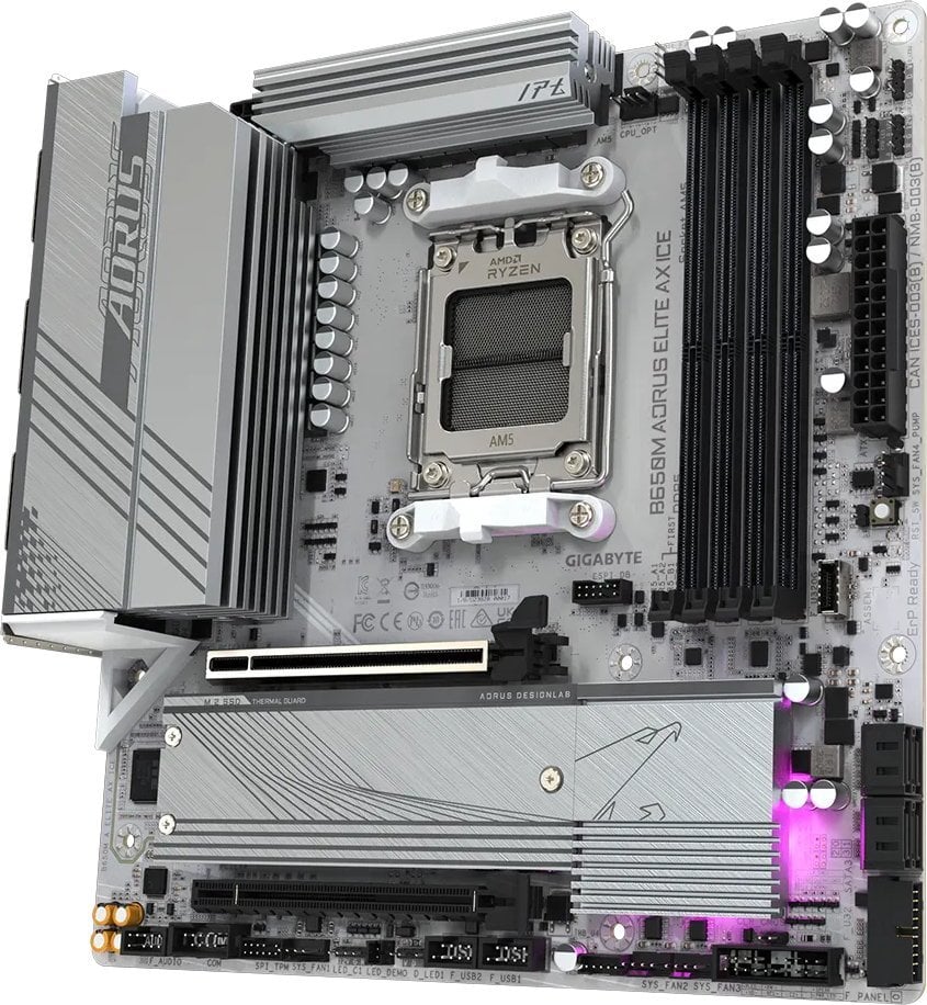 Pllakë amë Gigabyte B650M AORUS ELITE AX ICE, AMD B650, Socket AM5, 4 slota, Bluetooth, Wi-Fi 6, Micro ATX