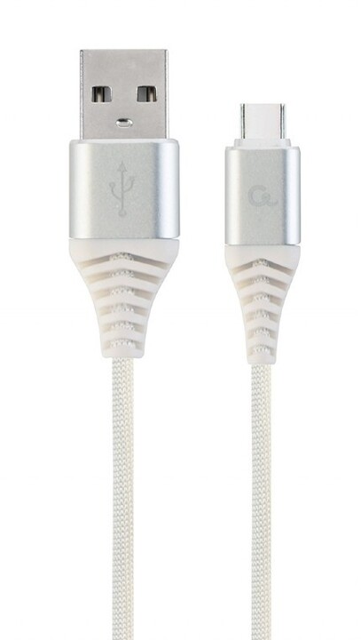 Gembird кабел CABLEXPERT, USB-A до USB-C, M / M, ПРЕМИУМ КВАЛИТЕТ, плетен, 2м, бело / сребро