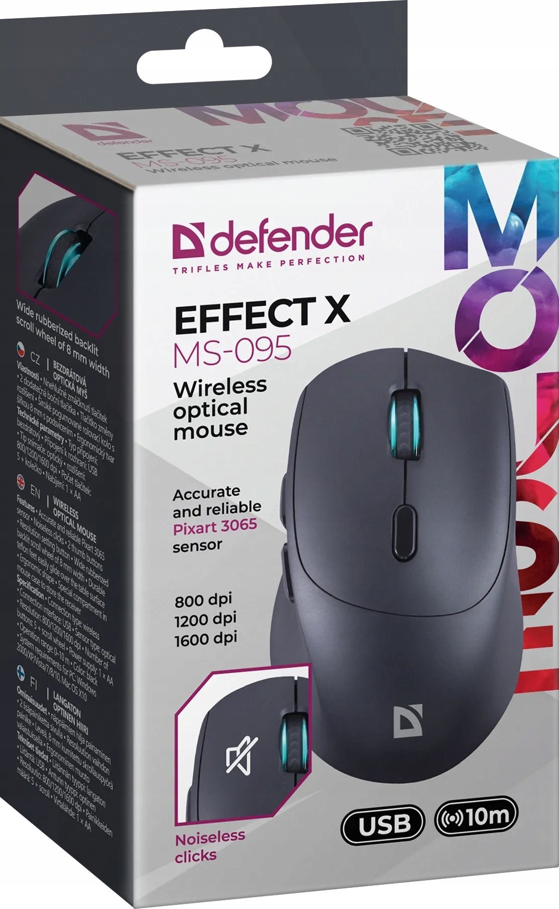 Mouse pa tela Defender EFFECT X MS-095, 1600DPI, klikime të heshtura, i zi