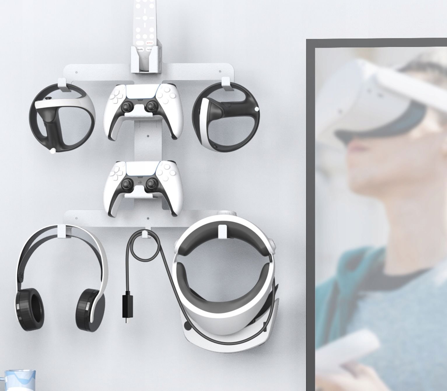 Mbajtës mural JYS P5158 për PlayStation PS VR2, metalik, i bardhë në gri