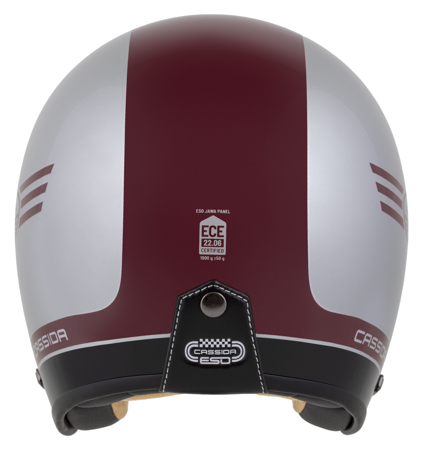 Helmetë moto CASSIDA ESO Jawa Panel 2026, e hapur neo retro, fiberglass, e kuqe argjendtë e zezë