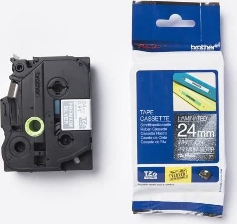 Rrip etiketa Brother TZePR955, 24mm, 8m, argjendtë me të bardhë