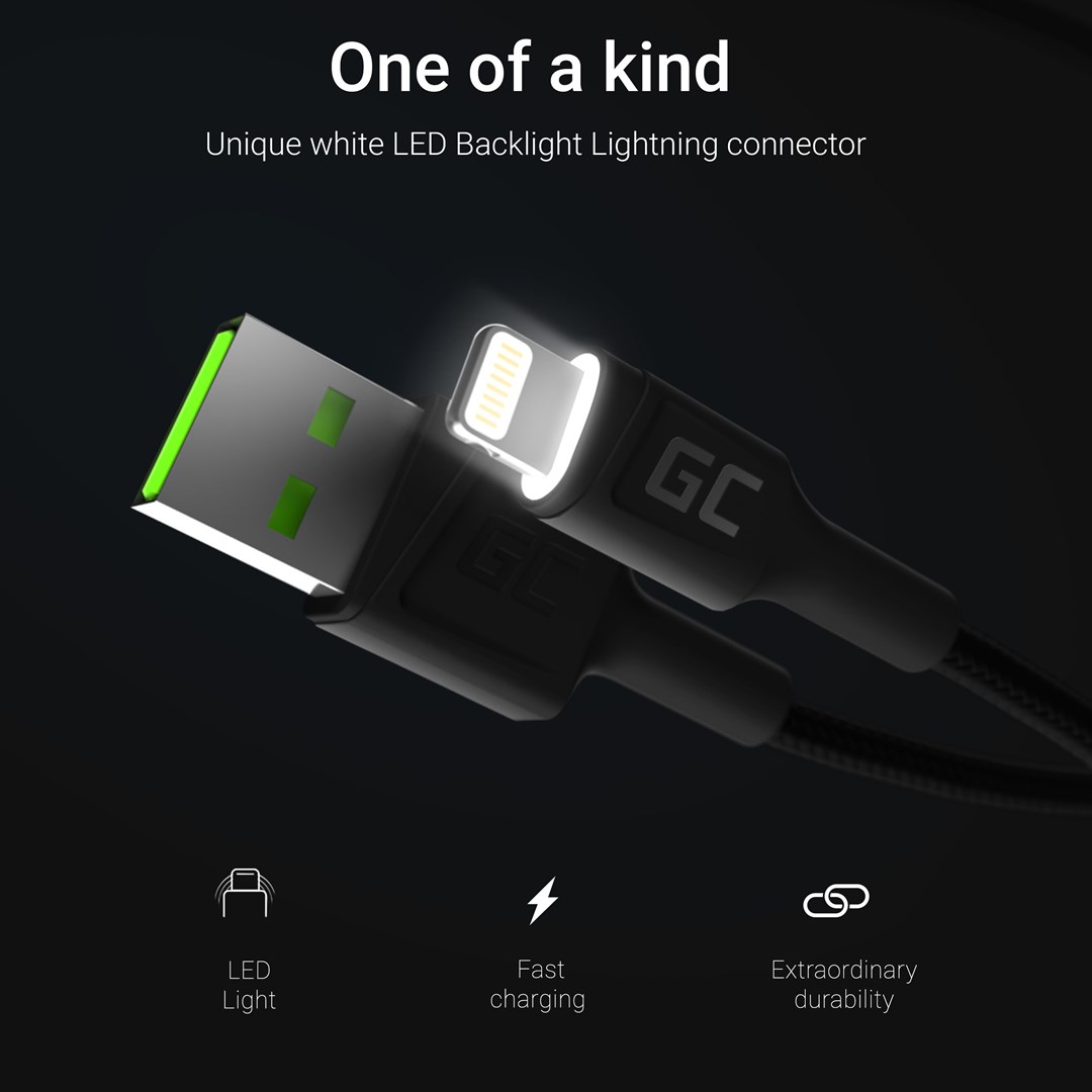 Kabllo Green Cell KABGC12, 2m, Lightning në USB-A, 480 Mbps, e zezë
