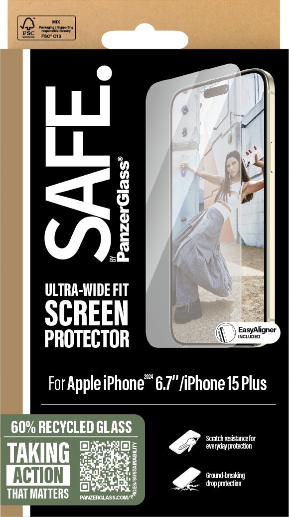 Mbrojtëse ekrani PanzerGlass SAFE iPhone 16 Plus 15 Plus, Ultra Wide Fit, transparente