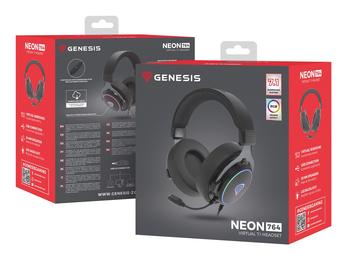 Kufje Genesis Neon 764, RGB 7.1, të zeza