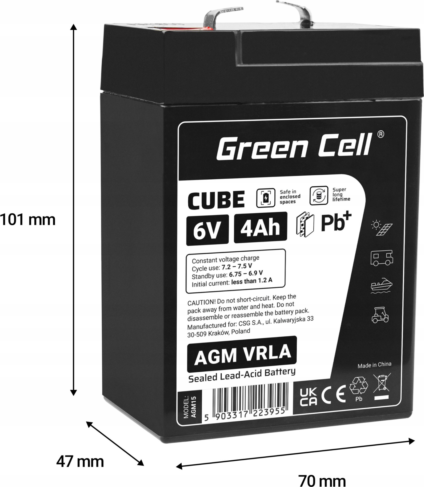 Bateri Green Cell Cube AGM VRLA 6V 4Ah, IP54, e zezë