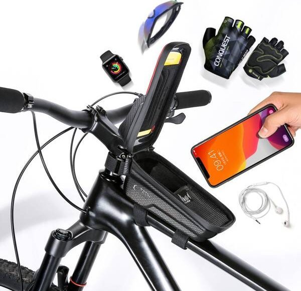 Çantë kornize për biçikletë Tech-Protect V2 M, e papërshkueshme nga uji, me xhep transparent për telefon, e zezë