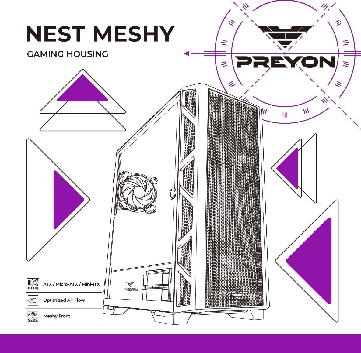 Kuti kompjuterike PREYON Nest Meshy PRENM02B me furnizim EAGLE POWER GOLD 850W, ATX, xham i kalitur, e zezë