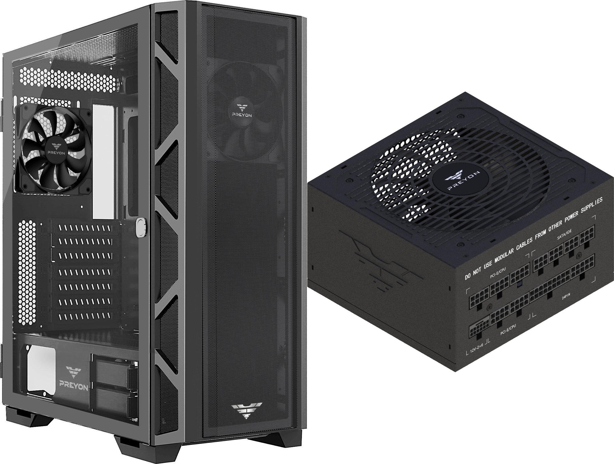 Set kasë kompjuteri PREYON Nest Meshy PRENM02B me furnizues EAGLE POWER GOLD 1000W, ATX, xham i temperuar, i zi