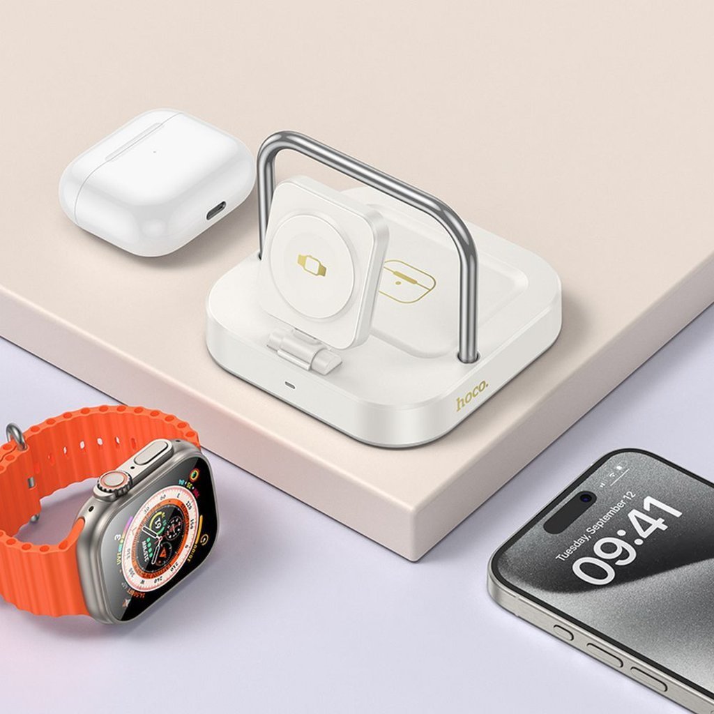 Karikues induktiv Hoco CQ16A 3 në 1, 5W, për Apple Watch dhe smartphone, i bardhë