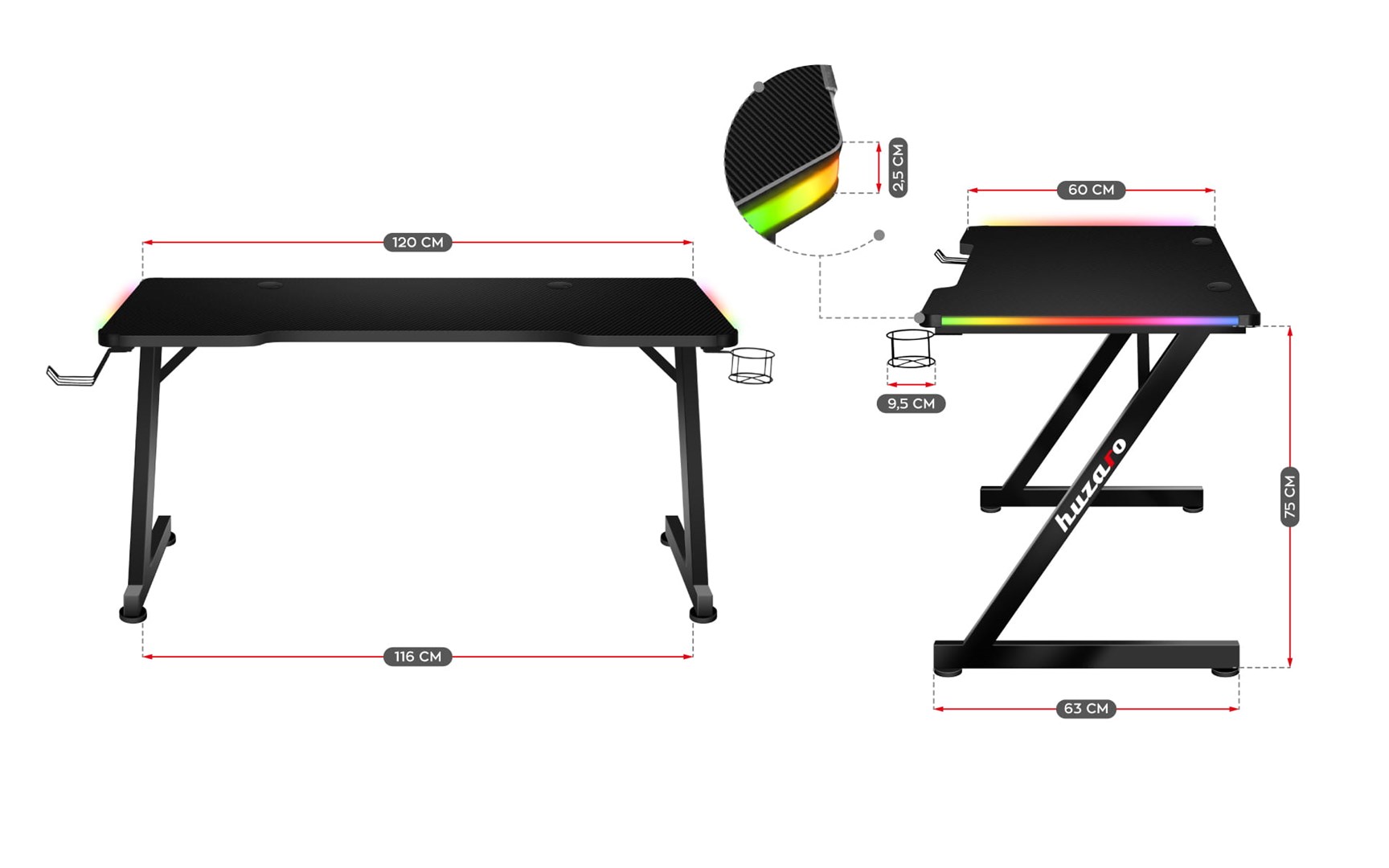 Tavolinë lojërash Huzaro Hero 2.5, 120x60 cm, 25 mm,RGB LED, e zezë