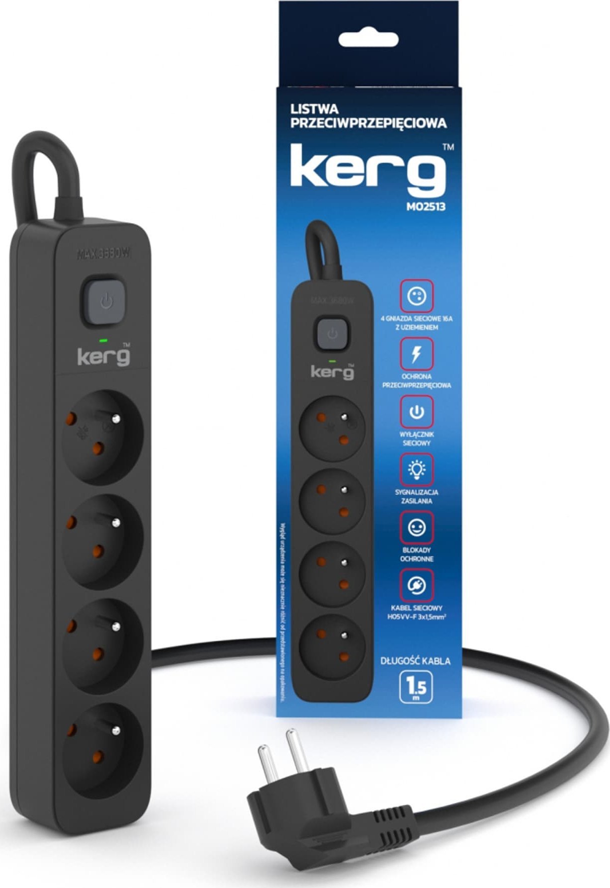 Електричен продолжен кабел Kerg H05V, 4 приклучници, прекинувач за вклучување/исклучување, 1.5m, 16A, црн