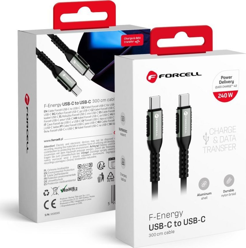 Kabllo karikimi Forcell F-energy C263, Type C në Type C, 240W 5A, 3m, e zezë