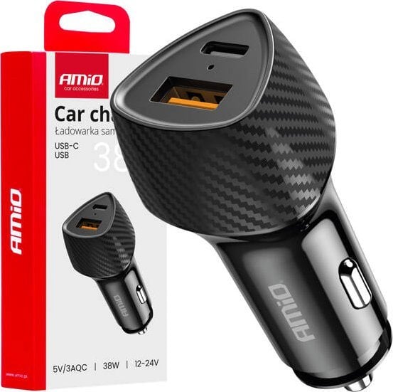 Полнач за автомобил AMiO 04283, 38W, USB и USB Type C, црн