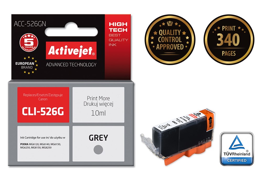 Ngjyrë për printer Activejet ACC-526GN (zëvendësim për Canon CLI-526G), 10 ml, e hirtë