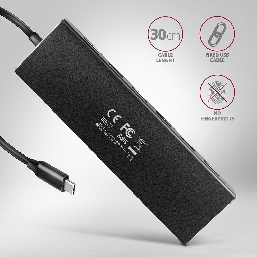USB HUB Axagon HUE-F7A, 7x USB 3.2 Gen 1, kabllo USB-C 30 cm, alumini