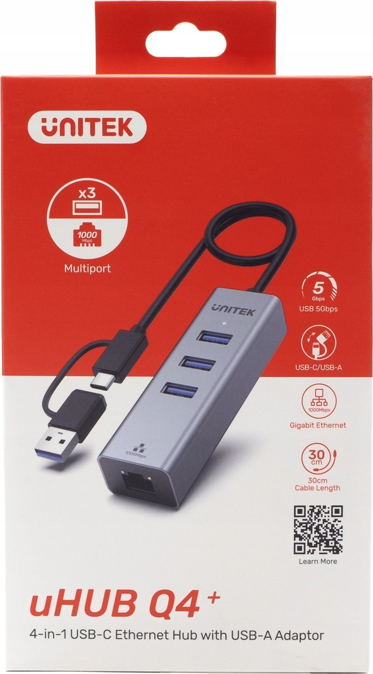 Хаб USB C Unitek 4 во 1, 3x USB A 5 Gbps, Ethernet, сив