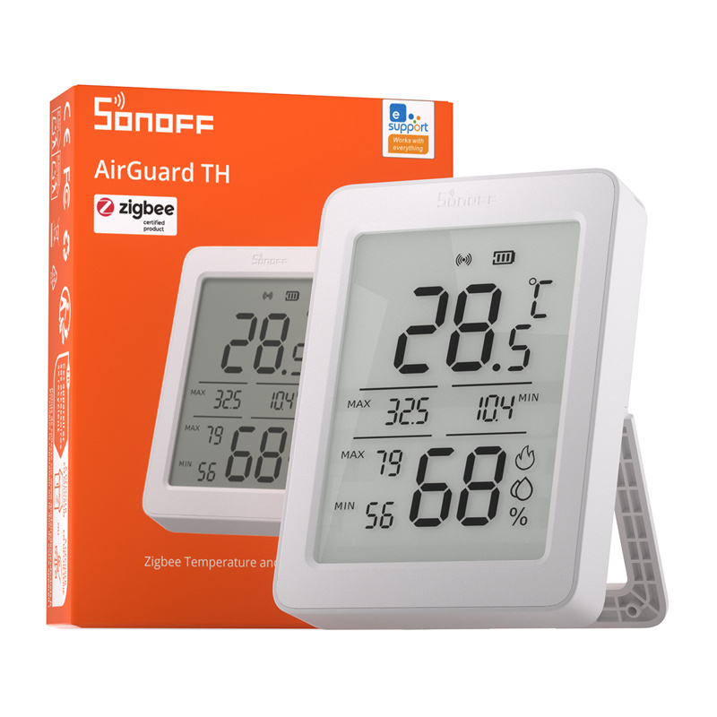 Sensor temperature dhe lagështie Sonoff SNZB-02DR2 AirGuard TH, Zigbee, ekran 3.6", i bardhë 3