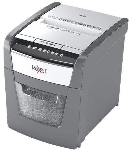 Grirës dokumentesh Rexel Optimum AutoFeed+ 50X, 50 fletë, kosh 20L, gri