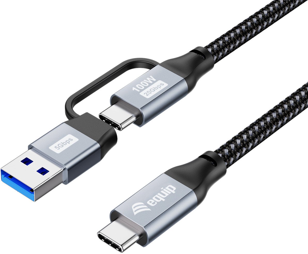 Kabllo USB Equip USB C në USB C dhe USB A, 3m, 20Gbps 100W, e zezë