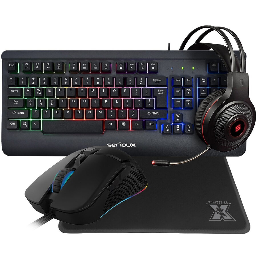Set gaming Serioux Kayel 4 in 1, tastierë, maus, kufje, mauspad, i zi