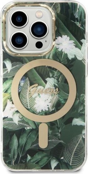 Set karikuesi me kuti Guess GUBPP14XHJEACSA, për iPhone 14 Pro Max, MagSafe, jeshile Jungle
