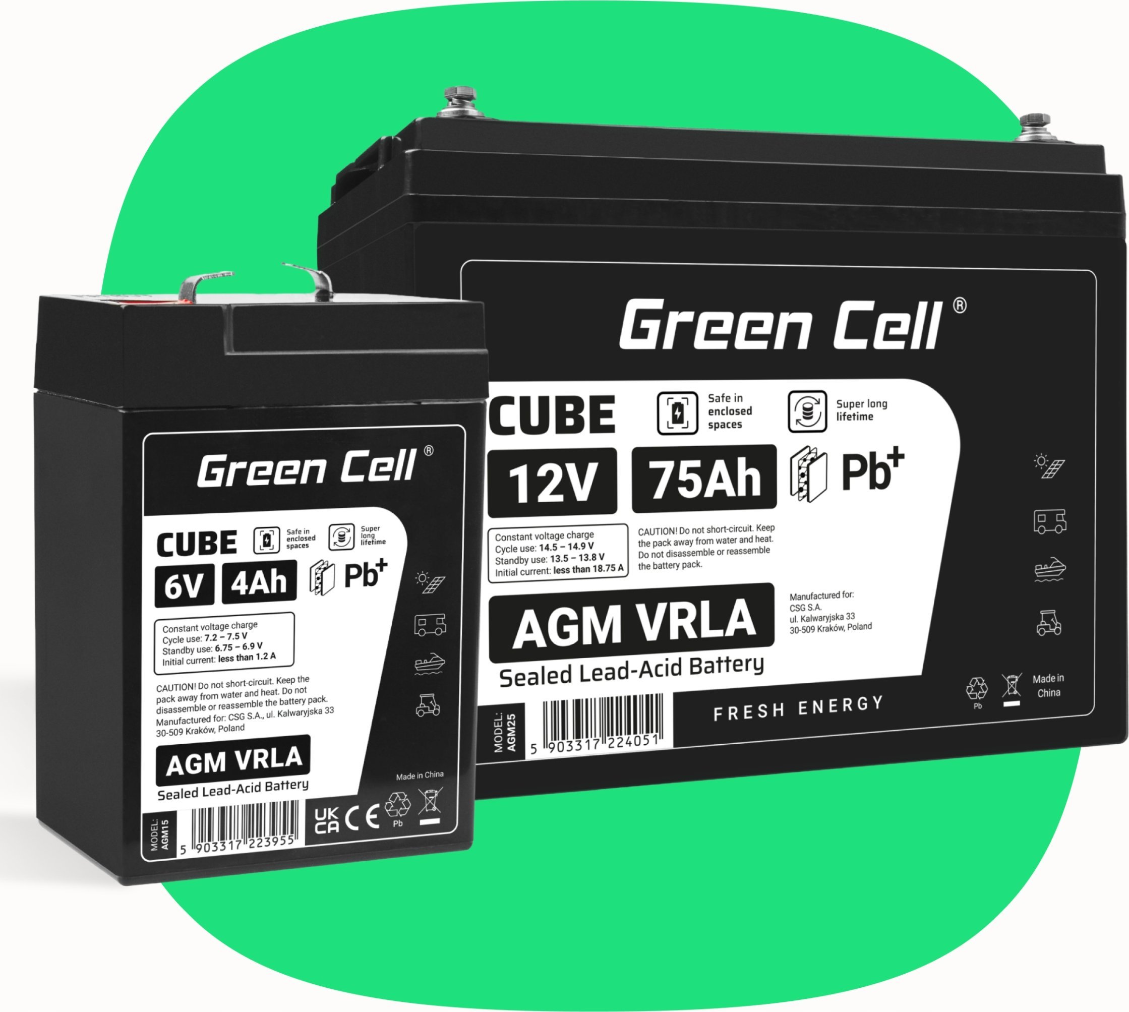 Bateri Green Cell Cube AGM VRLA 6V 4Ah, IP54, e zezë