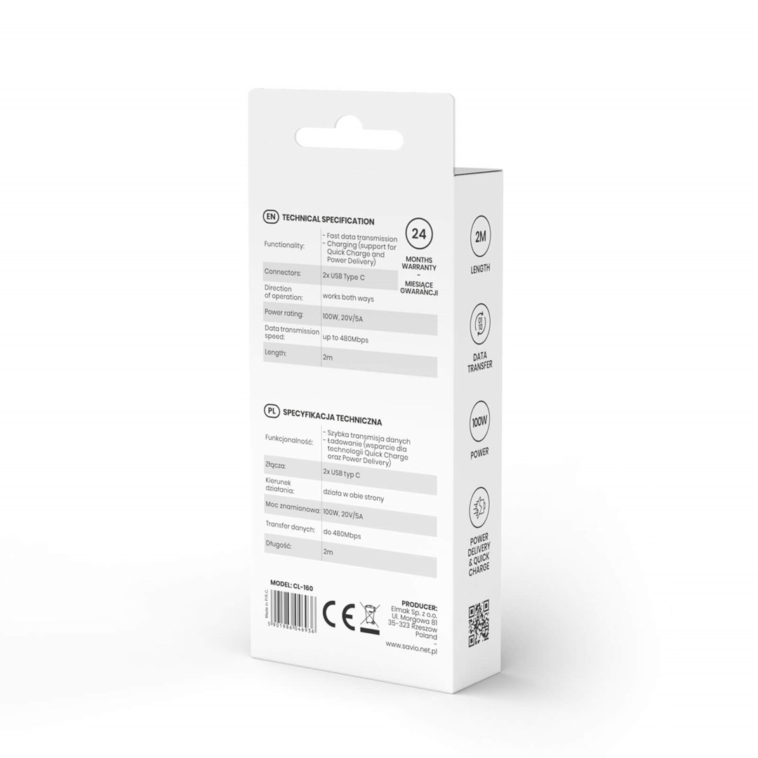 Kabllo Savio, USB C / USB C, 2 m, e zezë