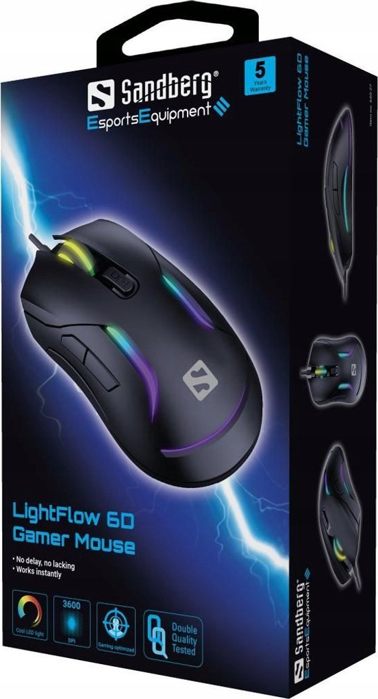 Гејминг глушец Sandberg LightFlow 6D, со кабел, РГБ, црн