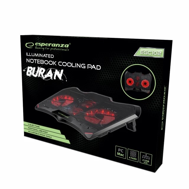 Ftohës laptopi Esperanza Buran, 4 ventilatorë, LED, i zi