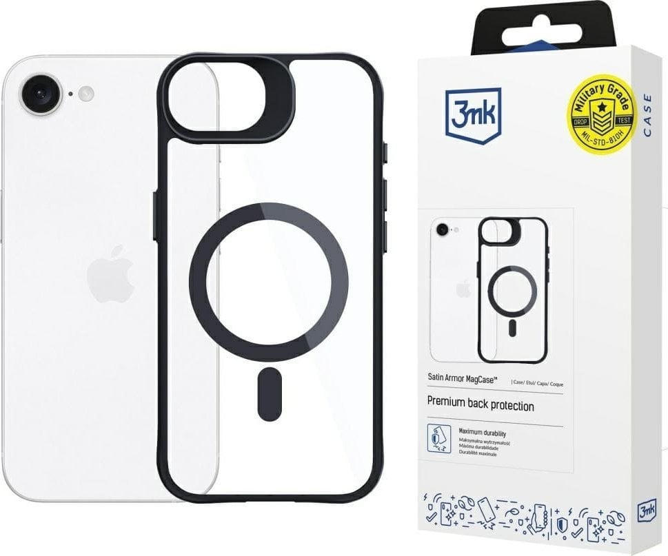 Мобилна маска 3MK Satin Armor MagCase за Apple iPhone 16E, отпорна на удари, компатибилна со MagSafe, проѕирна