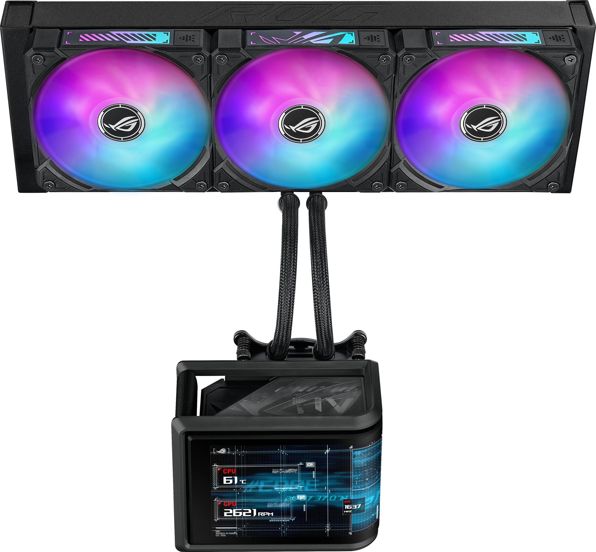 Ftohës liquid AIO për procesor ASUS ROG Ryuo IV SLC 360 ARGB, radiator 360 mm, ekran 6.67", i zi