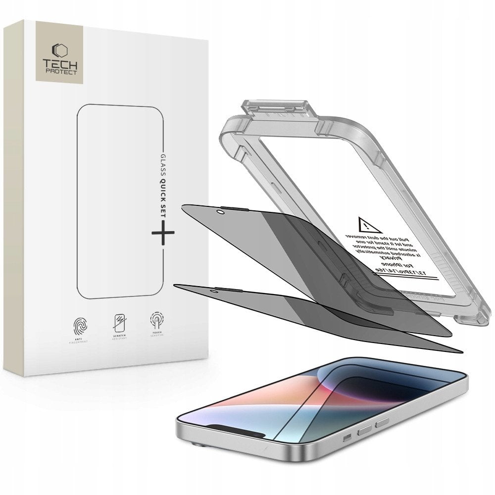 Xham mbrojtës privatësie Hofi Tech-Protect Quick Set Spy+ për iPhone 13 13 Pro 14 16e, 2 copë, xham i temperuar transparent