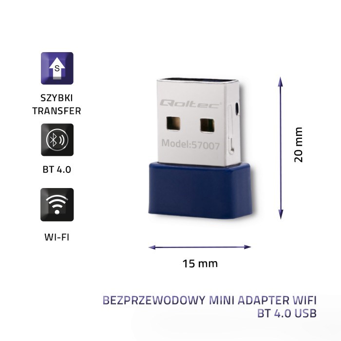 Adapter rrjeti Qoltec 57007, Wi Fi N, Bluetooth 4.0, USB 2.0, blu