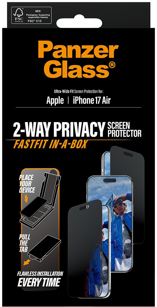 Држач за екран PanzerGlass Privacy, iPhone 17 Air, ultra-wide fit, проѕирен со црна рамка