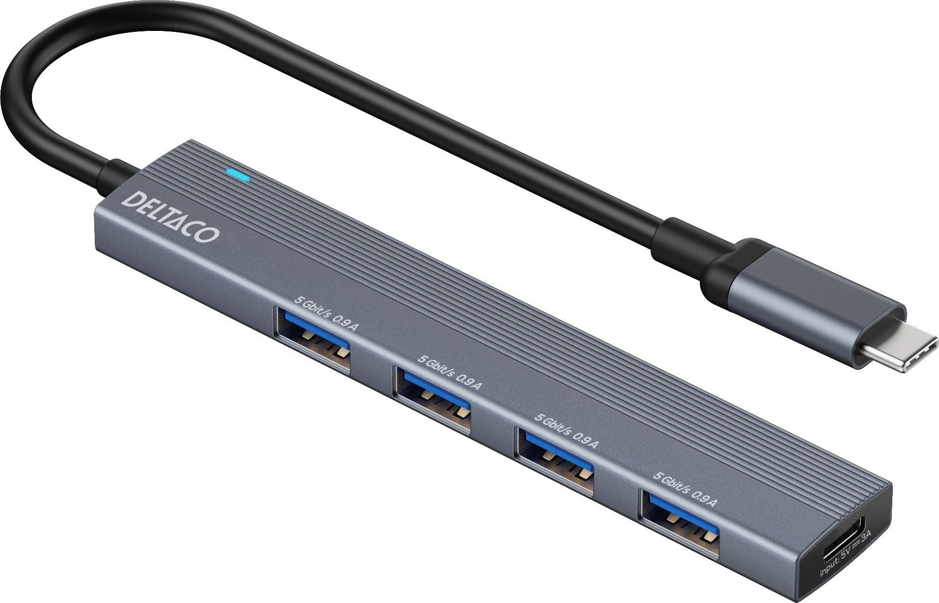 USB HUB Deltaco USB C, 4x USB A, 5 Gbps, gri argjendi