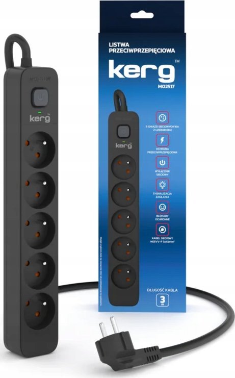 Zgjatës elektrik Kerg, 5 presa, çelës ON OFF, 3m, 16A, i zi 3