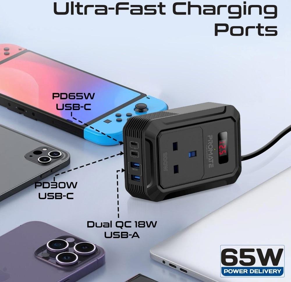 Inverter për veturë Promate Inverto 200W, dalje AC 12V, USB C PD 65W, i zi