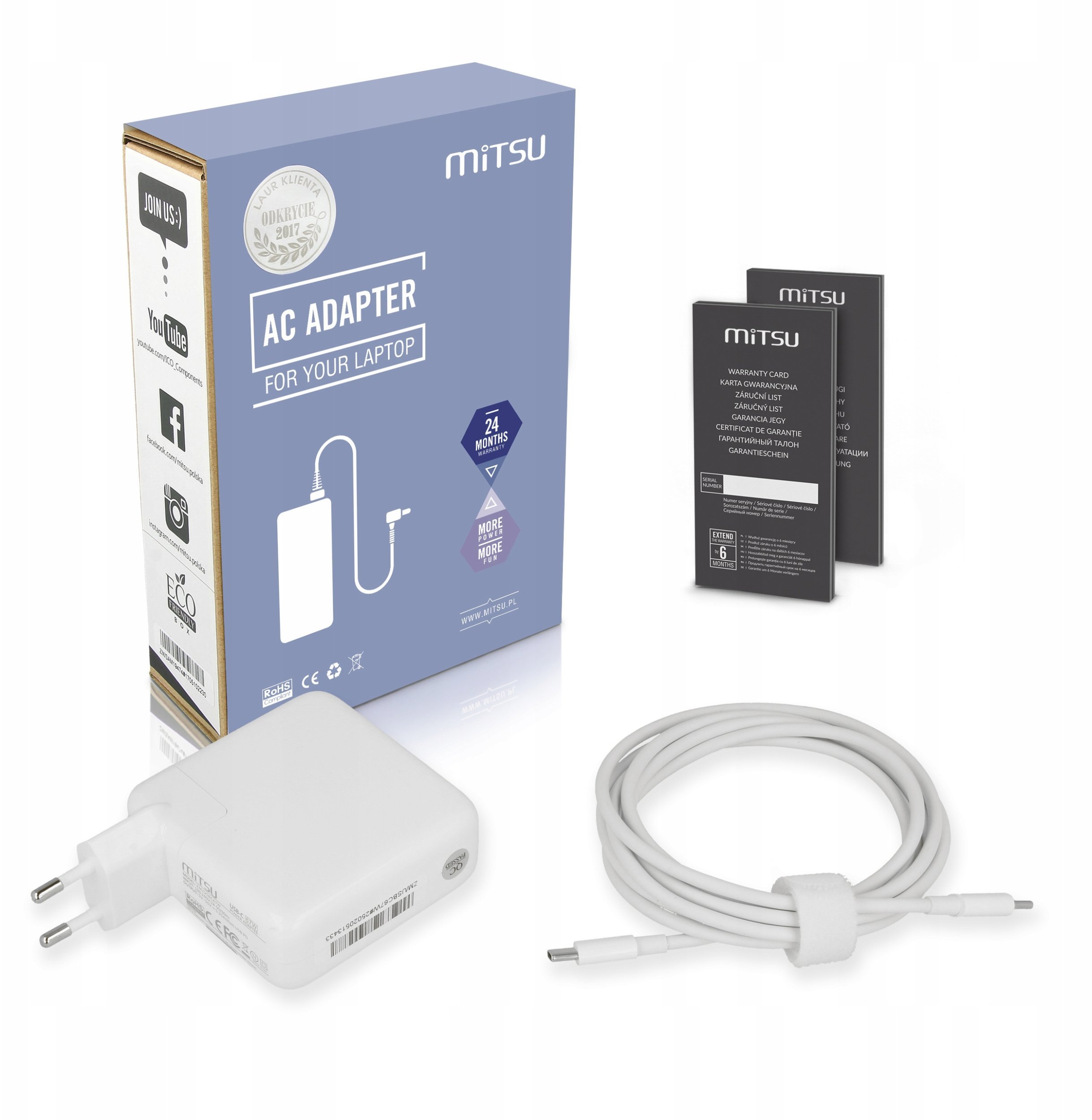 Ngarkues laptopi Mitsu USB C 67W, kabllo USB C, i bardhë