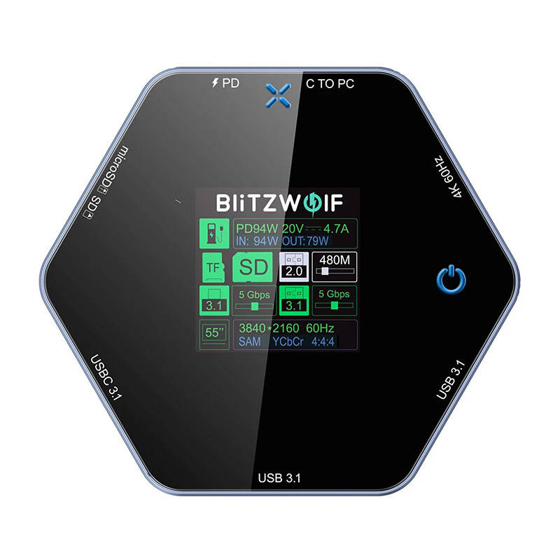 Docking station BlitzWolf BW-TH16, 8in1, 100W USB-C, me ekran LCD, e zezë