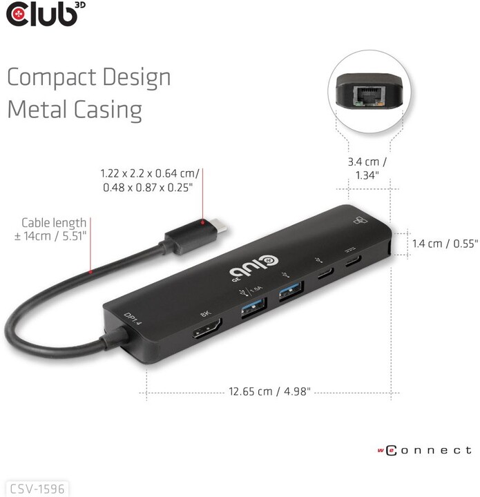 Kabllo Hub Club3D USB-C, 6në1 Hub me HDMI 8K30Hz, 2xUSB Type-A, RJ45 dhe 2xUSB Type-C