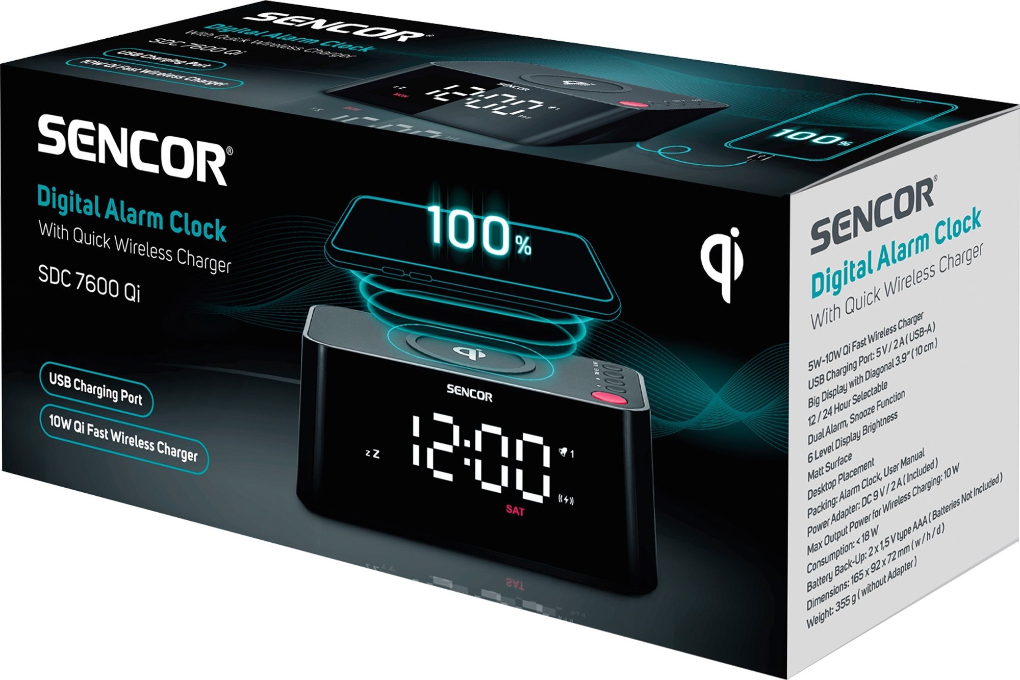 Orë alarmi digjitale Sencor, karikues wireless 10W, USB, e zezë