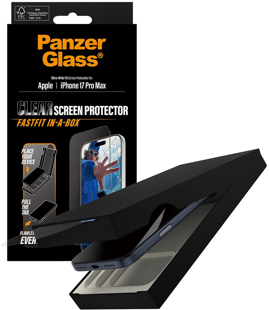 Mbrojtës ekrani PanzerGlass për iPhone 17 Pro Max, Ultra Wide Fit, me FASTFIT in a Box, transparent