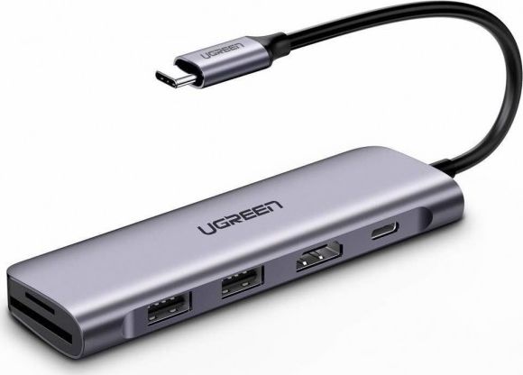 Докинг станица Ugreen CM195, USB C 6 во 1, HDMI 4K, PD 100W, сива