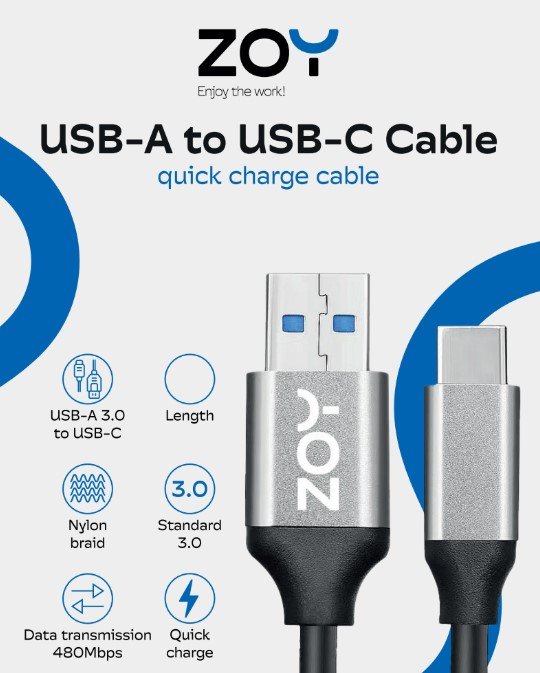 Kabllo ZOY USB-A - USB-C, 1m, e zezë / argjendtë