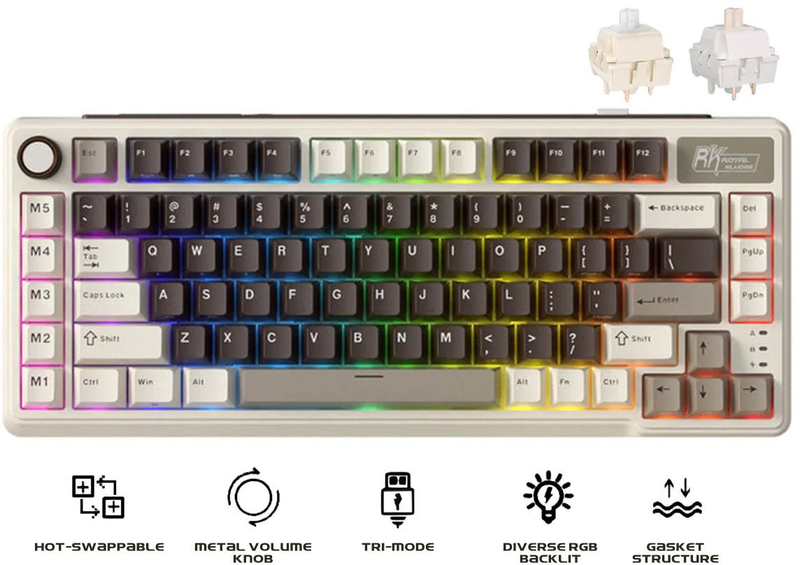Tastierë mekanike Royal Kludge RK L75 Tri-Mode, 85 taste, RGB, Mocha Grey